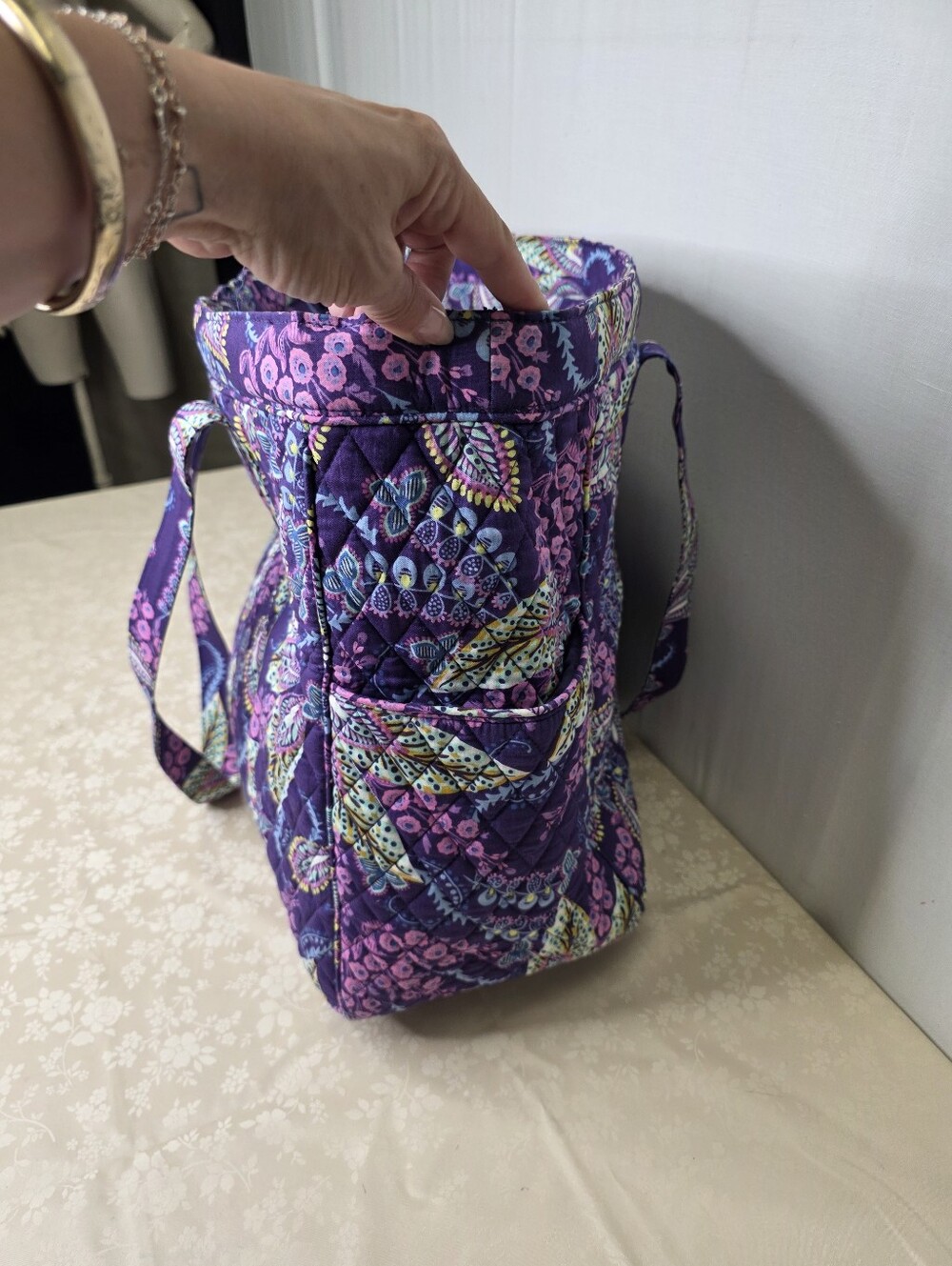 Vera Bradley Quilted Cotton Large Zip Top Tote Bag Purple Pink Paisley Floral - Picture 3 of 10